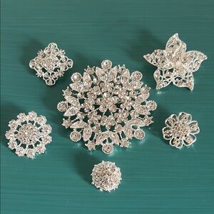 Bridal Wedding Prom Formal 6 Piece Rhinestone Silver Floral Brooch Set